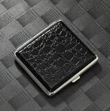 Cigarette Case Metal - Large Size - Black Crocodile Leatherette Finish