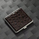 Cigarette Case Metal - Large Size - Dark Brown Crocodile Leatherette Finish