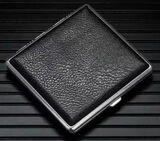 Cigarette Case Metal - Large Size - Black Textured Leatherette Finish