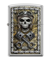 Zippo Lighter - Brushed Chrome - Skull and Pistons Design